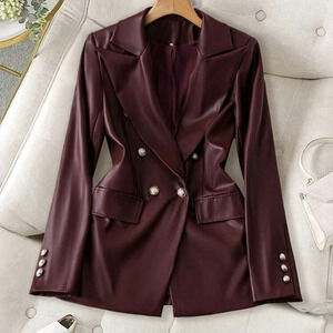 Women PU Leather Loose Casual Blazer For New Year Clothes